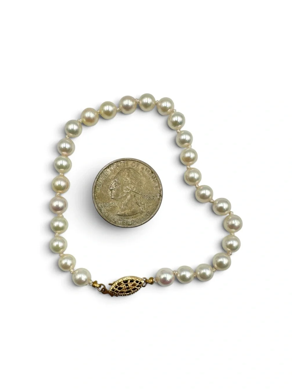 Vintage 1960s Cultured Akoya Pearl Bracelet 14K 1/20 Gold Filled Clasp 8” Knotte
